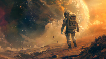 An astronaut in a spacesuit on the surface of an uncharted planet. AI Generated