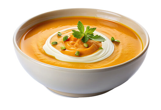 Creamy soup in a bowl isolated with transparent background.