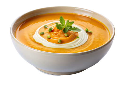 Creamy soup in a bowl isolated with transparent background.