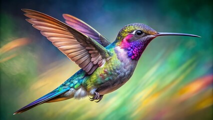 Obraz premium Iridescent feathers glisten on a hummingbird's body and wings as it zooms through the air, shades of blue