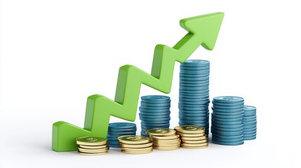 A rising graph symbolizing financial growth with stacks of coins, representing investment and prosperity in a modern economy.