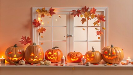 A spooky Halloween-themed storefront with carved pumpkins and eerie lighting, capturing the spirit of October