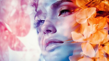 Obraz premium Ethereal portrait of young woman surrounded by blossoms and soft, colorful light