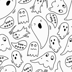 Fototapeta premium Happy halloween with ghosts, mystical magic. Template for Notebook covers, pattern for wallpapers, textile. Doodle vector arts. Childish naive illustrations