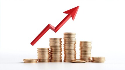 A stack of coins with a rising red arrow symbolizing financial growth and investment success, perfect for business themes. Public debt on economic growth.