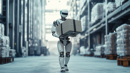 A robot carrying a package in a logistics center. AI robot work. Future