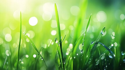 Fototapeta premium Dewdrops Glistening on Blades of Green Grass