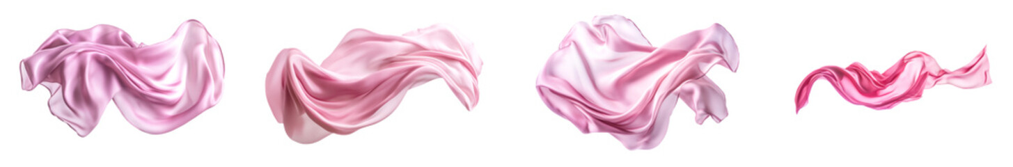 Blowing pink cloth set. Collection of floating textile. Cloth fabric in various shapes, ripples and wrinkles. Luxury silk, satin tissue. Transparent background PNG
