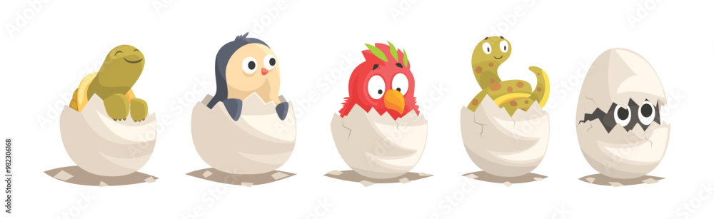 Sticker Chicks and Reptiles Hatch from Cracked Egg Shell Vector Set