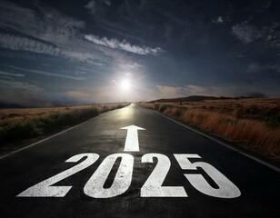 Road to 2025 with an empty road with written 2025 and arrow pointing towards the horizon to represent the future and positivity and success of the new year 2025