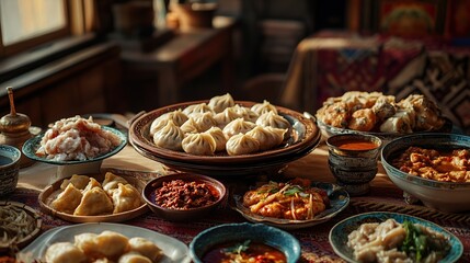 Fototapeta premium A vibrant spread of various dumplings and dishes on a decorated table.