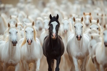 Obraz premium Massive herd of white horses, with one black horse standing out in the center