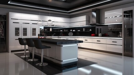 Kitchen interior design in a minimalist style, monochrome colors, black and white background. AI generated.