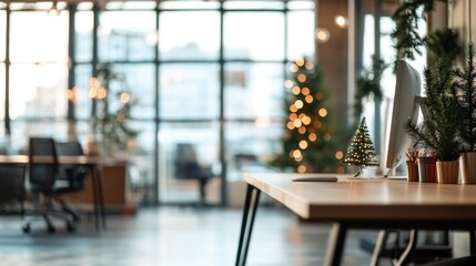 Open office space decorated for Christmas holidays with trees and ornaments, creating warm and festive atmosphere at workplace