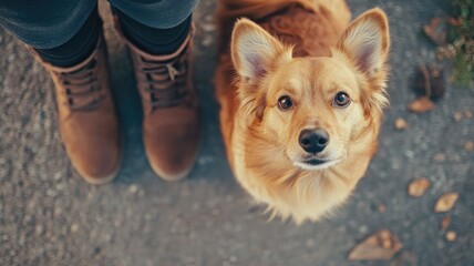 Small, brown dog looks up at owner standing on pavement