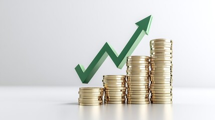 A visual representation of financial growth, featuring stacked coins and an upward arrow symbolizing profit and investment success.