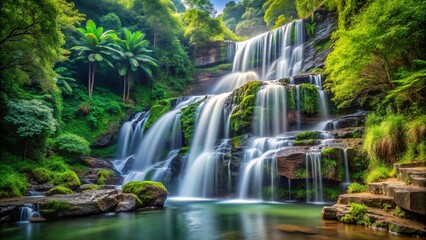 Mesmerizing waterfall plunging over layers of rock, surrounded by lush green foliage and creating a serene natural