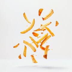 Floating Potato Fries with Seasoning on White Background