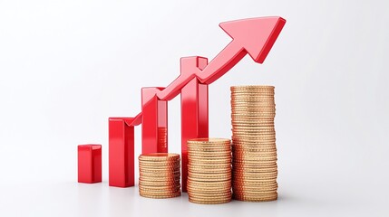 A visual representation of growth and success, featuring red bars and golden coins symbolizing financial progress. Public debt on economic growth.