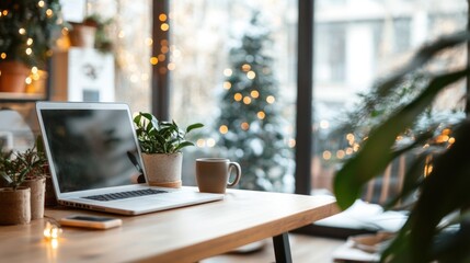 Open office space decorated for Christmas holidays with trees and ornaments, creating warm and festive atmosphere at workplace