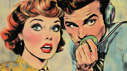 A retro-style pop art comic illustration of a man calling out to a woman. The artwork features vibrant colors and bold lines typical of vintage comics, capturing the playful interaction.