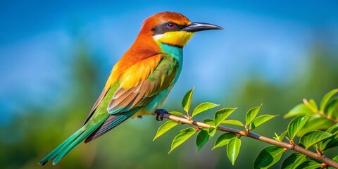 Obraz premium Perched atop a branch, the chestnut bee eater's radiant colors seem to glow in the sunlight, as the