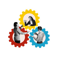 Three business people interacting inside colorful gears, symbolizing teamwork, collaboration, and...