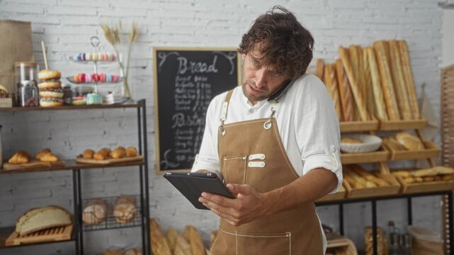 Young man working in a bakery while multitasking with a phone and tablet, surrounded by bread, pastries, and a chalkboard menu