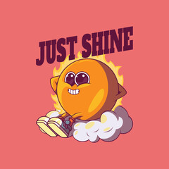 A Sun character is relaxing sitting on a cloud vector illustration. Motivation, inspiration design concept.