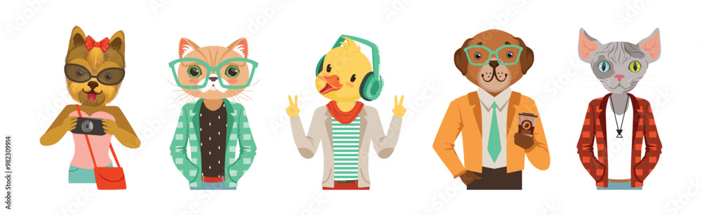 Wall mural People Character with Animal Heads and Trendy Clothes Vector Set