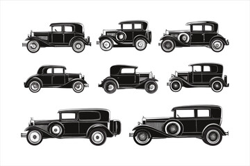 Several vintage cars are shown in a row in front of a city generative ai