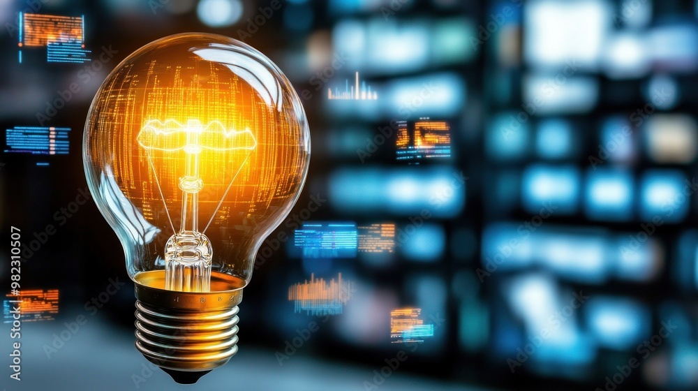 Poster A glowing lightbulb stands out against a blurred background of digital screens, symbolizing innovation and ideas in a tech-driven world.