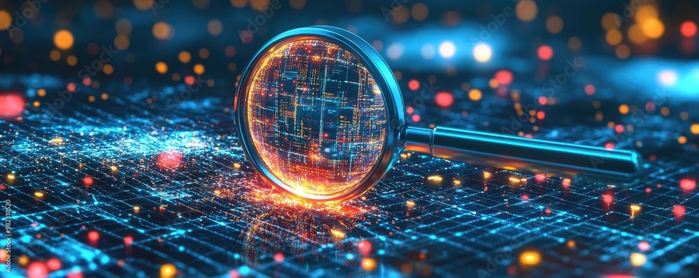 Poster a futuristic magnifying glass showcasing digital data overlay with vibrant colors, representing tech