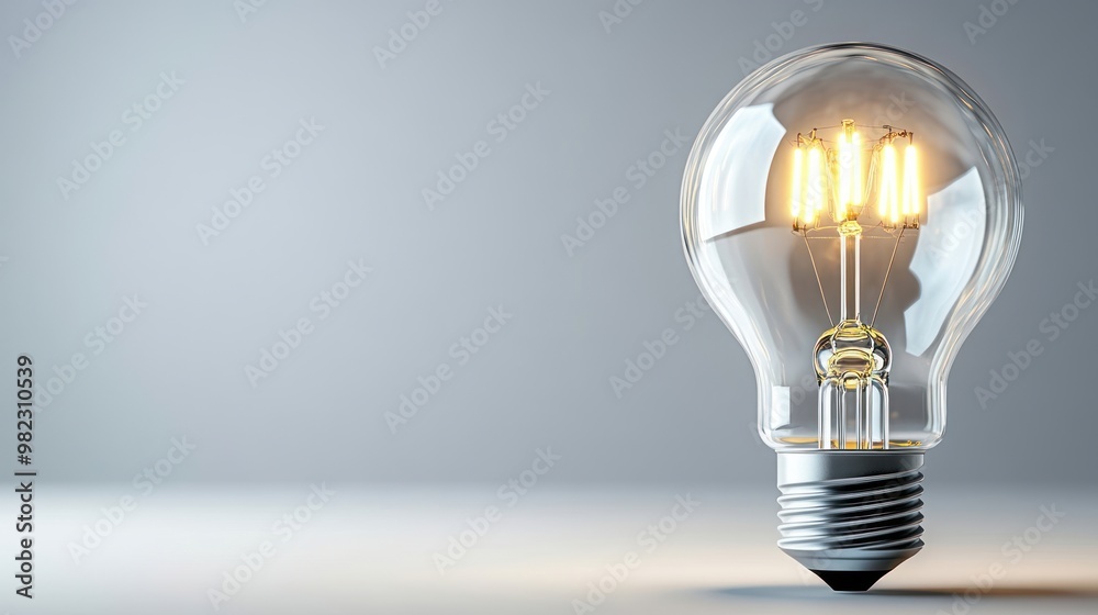 Poster a clear light bulb stands on a surface, emitting a warm glow against a minimalistic background.