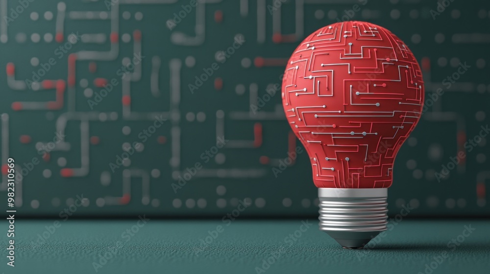 Leinwandbilder A stylized red light bulb with circuit patterns stands on a surface, set against a dark background featuring abstract circuit designs.
