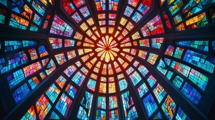 A grand dome architecture featuring symmetrical stained-glass windows, each panel depicting unique geometric patterns, creating a kaleidoscope effect inside