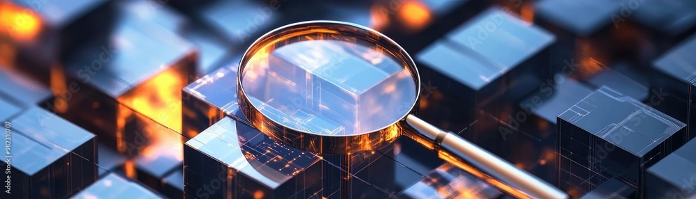 Poster a magnifying glass focusing on a digital cube, symbolizing technology and innovation in modern compu