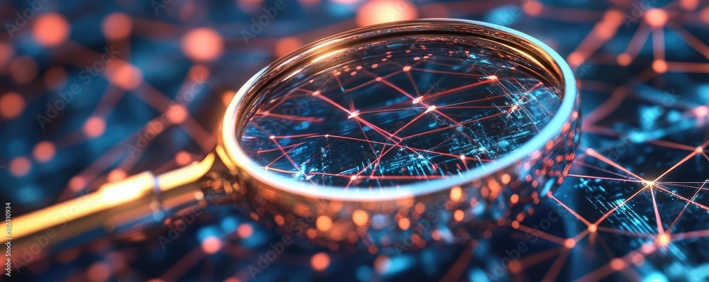 Aufkleber A magnifying glass highlighting a digital network, symbolizing exploration and analysis in technology and data.