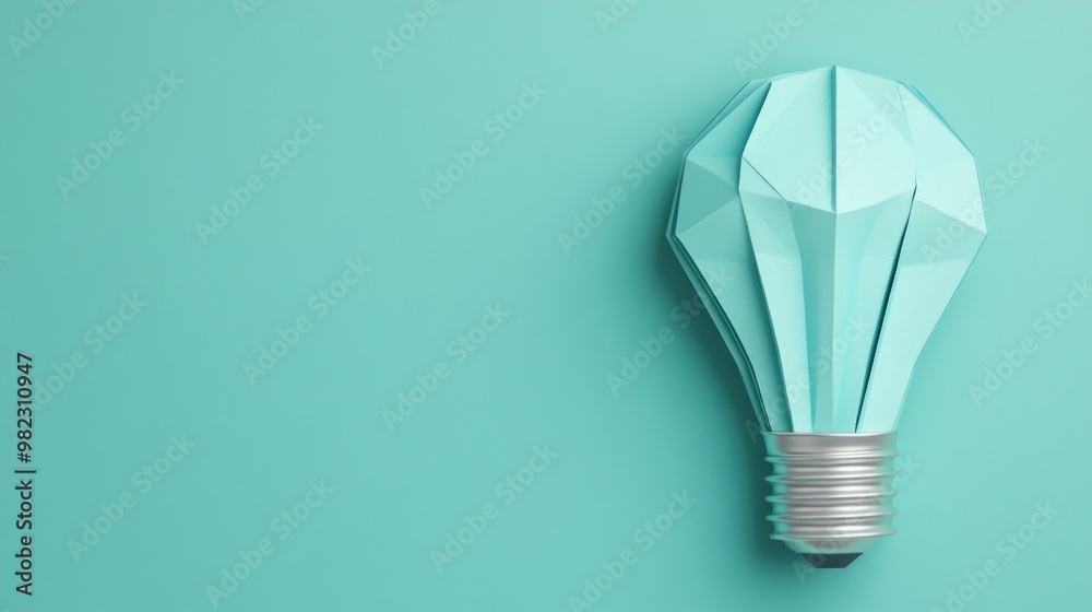 Poster a stylized teal light bulb made of paper, emphasizing a modern, minimalistic design against a matchi