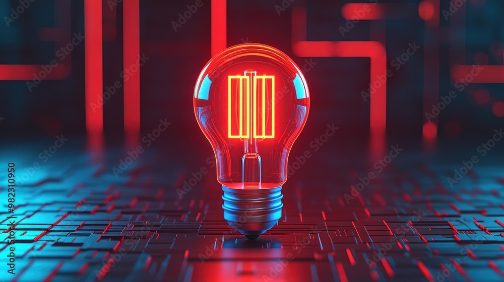 Poster A glowing red light bulb stands on a futuristic surface, symbolizing innovation and technology, with a vibrant glow against a digital backdrop.