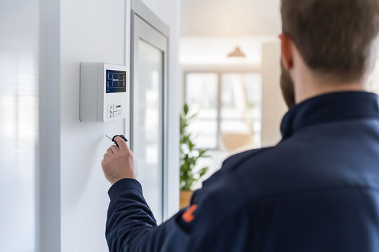 Professional installing a home security system on a wall, ensuring the safety of a modern residential space with advanced technology