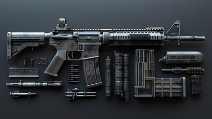 Disassembled assault rifle and components laid out neatly on dark surface, showcasing firearm parts and ammunition in detail