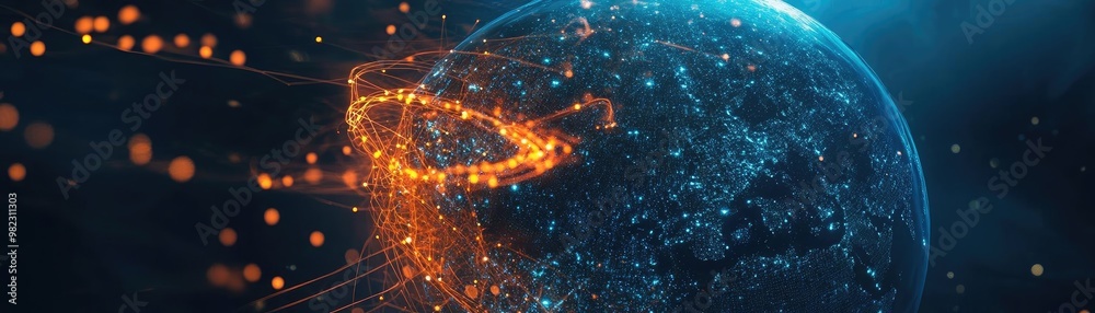 Poster dynamic visualization of earth with glowing particles and vibrant colors, representing technology an