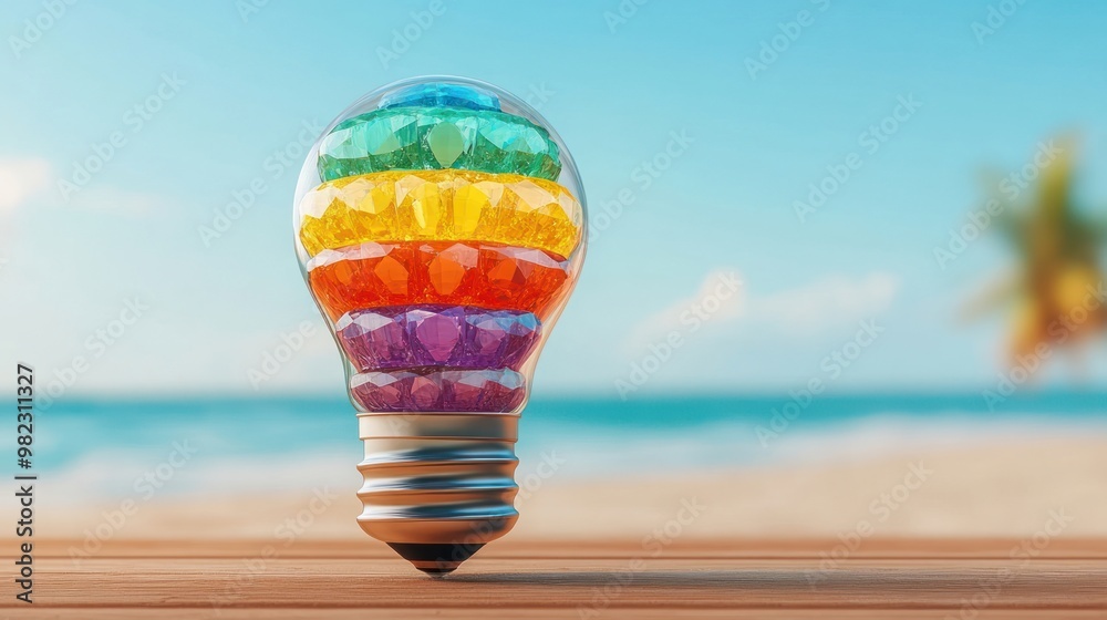 Poster a colorful light bulb filled with vibrant gems sits on a wooden surface, with a serene beach and pal