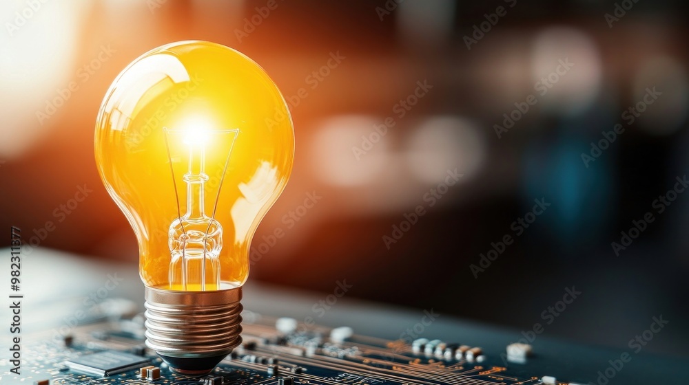 Poster A glowing light bulb on a circuit board symbolizes innovation and technology, blending warmth with electronics.