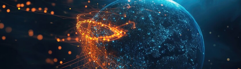 Dynamic visualization of Earth with glowing particles and vibrant colors, representing technology and innovation in a digital world.