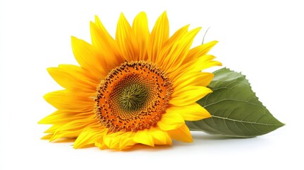 Obraz premium Bright Sunflower with Green Leaf on White Background