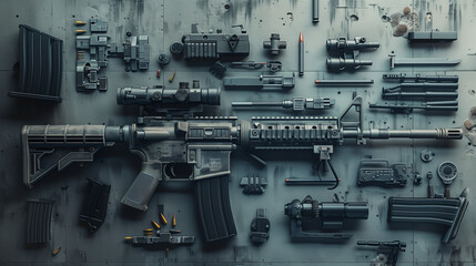 A modern tactical rifle disassembled with various components and accessories laid out on a textured surface