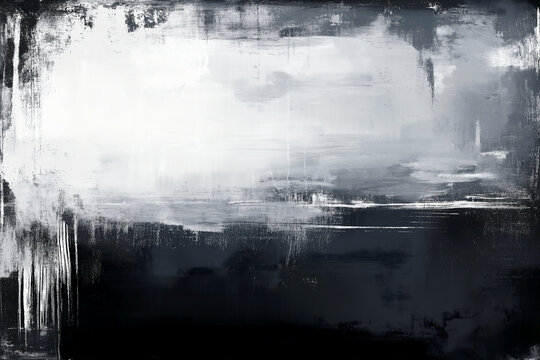 Abstract painting with a black and white color scheme, featuring bold brushstrokes against a dark background.