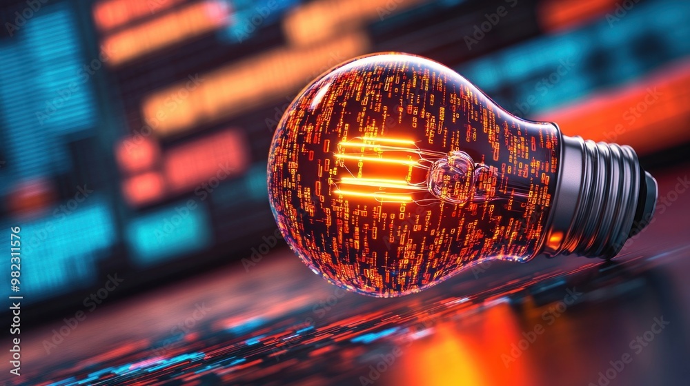 Aufkleber a glowing light bulb with a vibrant filament stands out against a colorful, digital background, symb